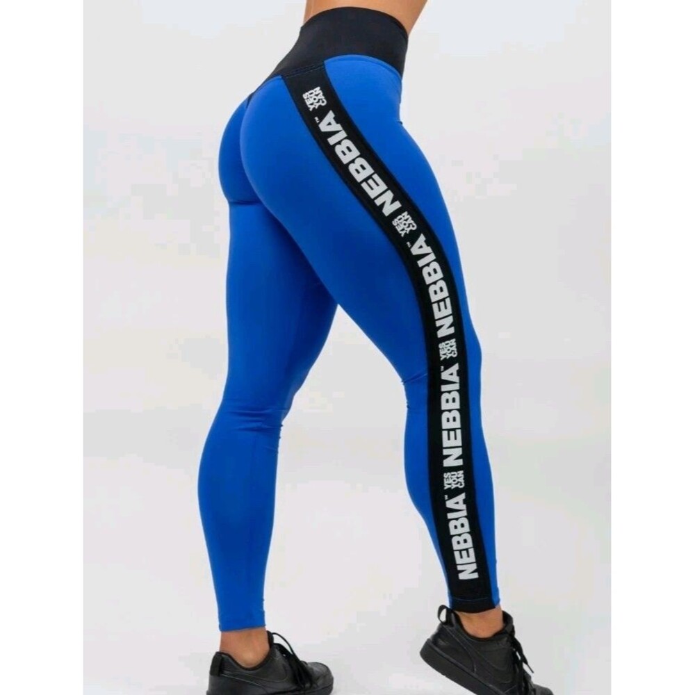 ​Nebbia Fitness Blue High Waisted Leggings Side Stripe Logo Yes You Can Scrunch